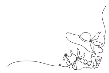 Abstract female beach accessories drawn by one line. Corner element for travel themed page design. Sketch. Minimalist art summer vector illustration.