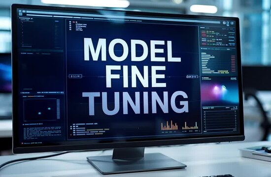 Model fine-tuning process shown on computer screen with vivid graphs, code snippets, and machine learning dashboard interface

