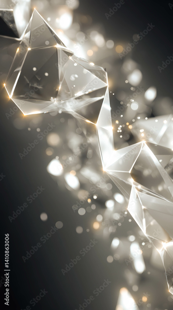 Fototapete Floating crystal shards illuminate dark space with glowing edges in a sharp composition