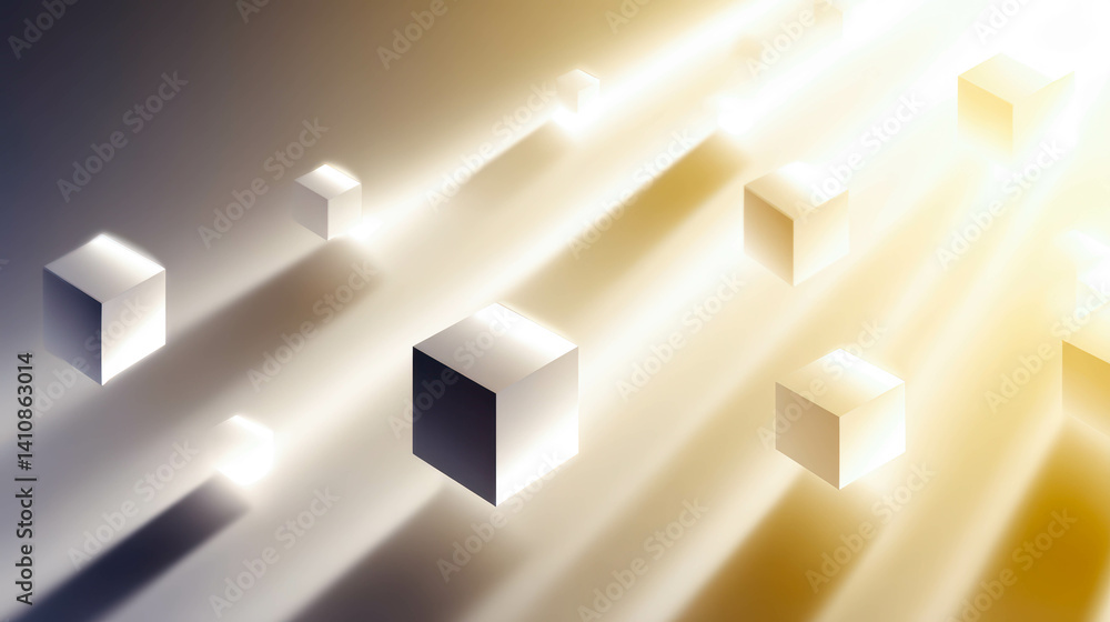 Poster Floating cubes casting sharp shadows on a beige surface in modern minimalist design
