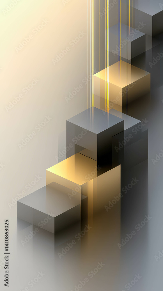 Poster Abstract geometric arrangement of floating cubes with sharp shadows on a matte beige surface