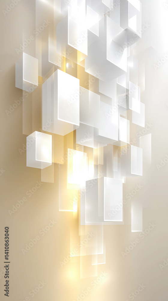 Poster Floating geometric cubes cast sharp shadows on a modern beige background