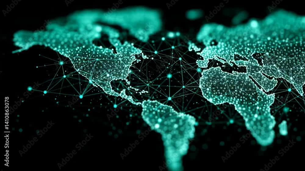 Poster abstract world map with global network connection in teal, representing communication, technology, a