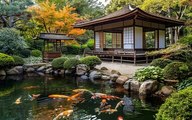 Fototapeta premium A tranquil Japanese garden with a calm koi pond, offering a moment of peace and reflection