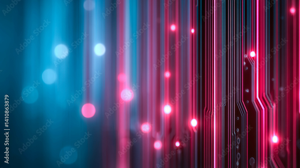 Poster futuristic dark circuit background with glowing neon lines and digital nodes
