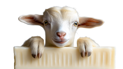 An adorable young goat rests its chin on a large bar of creamy white goat milk soap against a neutral background.