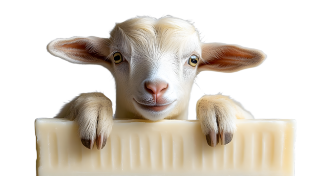 An adorable young goat rests its chin on a large bar of creamy white goat milk soap against a neutral background.