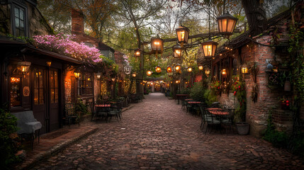 Fototapeta premium Charming Cobblestone Street Lined With Restaurants and Shops in Evening
