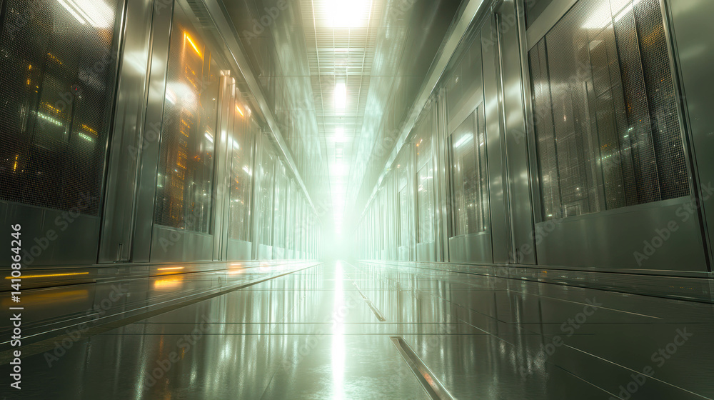 Poster futuristic data center hallway features glowing servers and biometric access panels