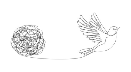 A tangled ball of threads untangling into a flying bird. Vector illustration in line art style