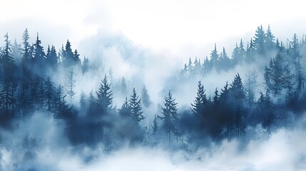 Forest seamless border. Foggy forest and mountains landscape watercolor illustration. Wild nature abstract graphic isolated on white background