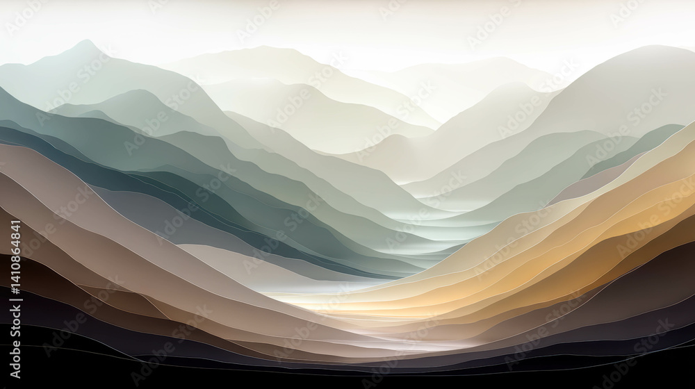 Poster layered paper cutout artwork depicting an abstract landscape with smooth topography and soft shadows