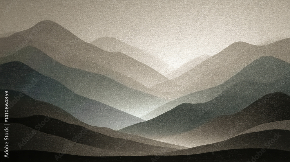 Poster monochrome layered paper cutout landscape with smooth topography and soft shadows