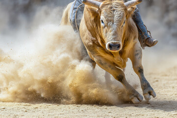 Rider in boots clings to powerful bull in intense motion captured amidst flying dust