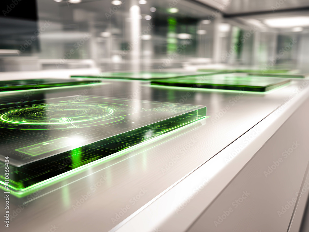 Poster transparent touchscreen interface displays ai forecasts above a minimal tech surface