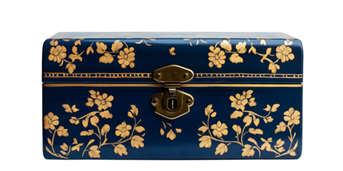 Closed blue wooden decorative box with golden floral pattern and brass latch on white background