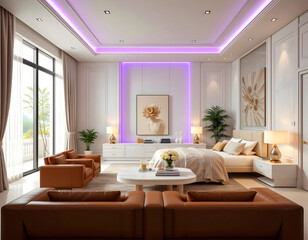 Minimalist white bedroom with earth tones, wooden accents, and cozy decor, interior design.