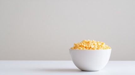 Golden cornflakes in a pristine white bowl, isolated against a clean white backdrop for a minimalist, fresh look