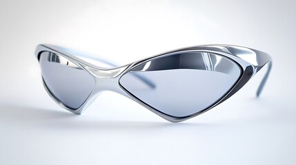 Futuristic silver sunglasses, shot against a clean white background, highlighting their modern and sleek design.