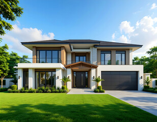 3D rendering of a modern luxury home with a white exterior, lawn, and daylight&mdash;perfect for real estate.