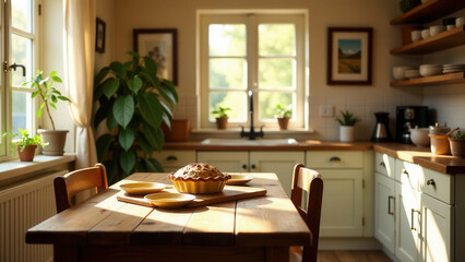 A wooden table with a plate of food