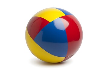 Fototapeta premium Inflatable beach ball in red, yellow, and blue, isolated on a white background
