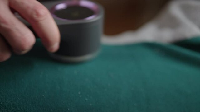 Close-up of unrecognizable man using modern lint remover machine to clean green piece of clothing at home. Concept of effective fabric care and maintenance. Shooting in slow motion.