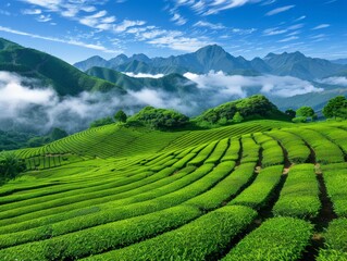 Lush Hillside Tea Plantation Under Clear Blue Sky