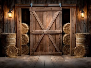 Warm Sunlight on Weathered Barn Door Slightly Ajar with Hay Bales