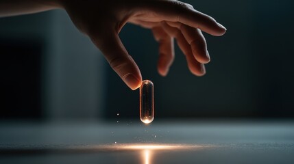 Hand reaches for glowing pill studio setting hyperrealistic vertical photograph dark environment close-up conceptual art