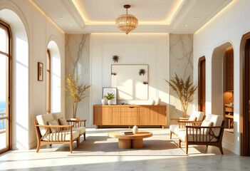 Santorini-style interior with armchairs, a cabinet, and a ceiling lamp. Mediterranean home design, resort decor.