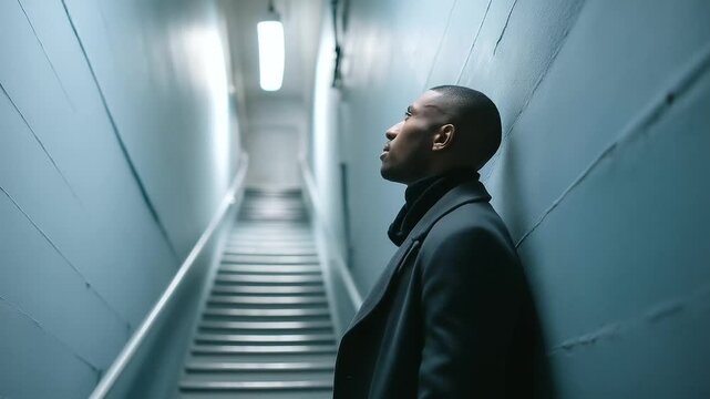 Aman pausing halfway up a staircase in soft blue light