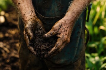 Mud-caked hands gently cradle rich, dark soil