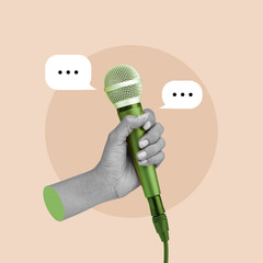 human hand, holding, microphone, speech bubble, interview, media outlet, microphone, interview,...