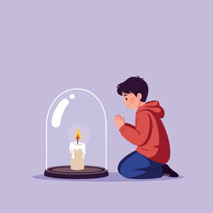 Young boy in red hoodie kneeling beside large candle protected by glass dome in minimal flat style vector illustration