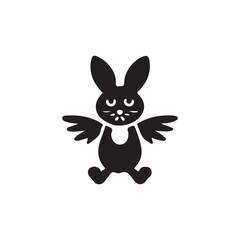 Fototapeta premium Cute black and white rabbit with wings graphic design.A stylized, black silhouette of a rabbit with wings, presented on a plain white background.