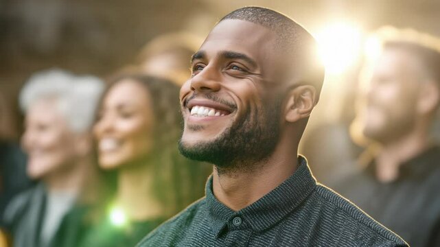 Hopeful young adult in crowd smiles, looking upward with bright sunlight, positive outlook and future aspirations, showing togetherness and optimistic vision.