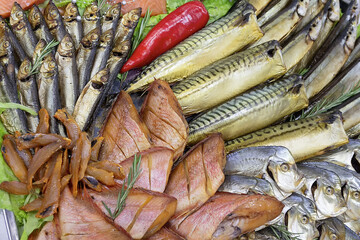 Delicious smoked fish on the counter in a store