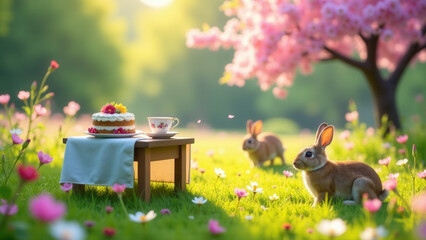 A bunny sitting next to a cake on the grass