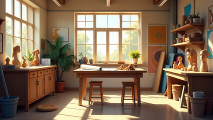 A room with a table, chairs, and a window