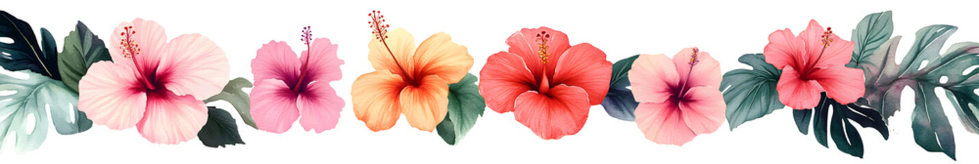 In a gorgeous botanical illustration, a set of colorful hibiscus flowers is depicted on a white background, surrounded by other tropical floral elements in a lovely watercolor design