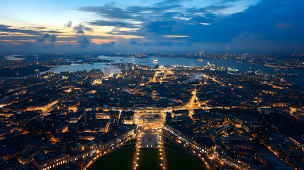 Obraz premium Aerial View Of Illuminated European City At Twilight