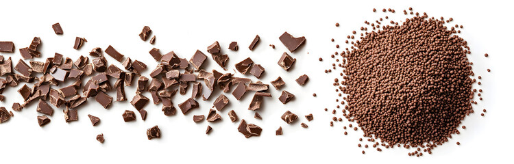 Naklejka premium From a top perspective, chocolate sprinkles for cake and pastry toppings are isolated on white, highlighting their texture and appearance