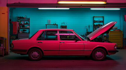 Retro Pink Car In Neon Lit Garage