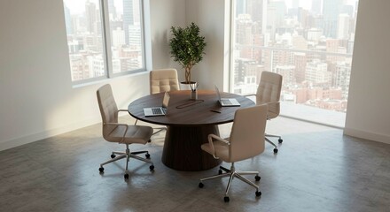 Conference room with round table chairs laptops and plant overlooking city from large windows bright space