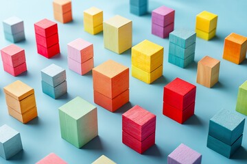 Obraz premium A high angle shot of an arrangement of colorful wooden blocks on a light blue surface in a studio