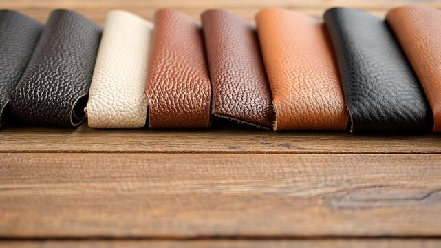 Various leather swatches arranged on a wooden surface showcasing colors and textures for design inspiration