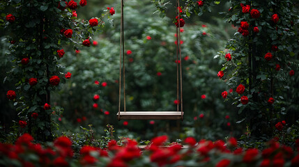 Empty Wooden Swing Amidst Red Roses In Garden
