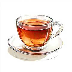 A glass teacup filled with amber-hued tea, resting on a saucer