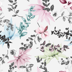 Stylized seamless floral pattern. Flowers with cranberry and branch, leaves on white  background. Artwork for textile, fabric and other prints purpose. Hand drawn, vector wallpaper.